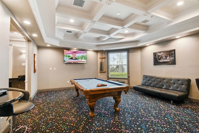 130 Southern Pecan Cir Unit 205, Winter Garden, FL 34787 - playroom with visible vents, baseboards, carpet, coffered ceiling, and recessed lighting