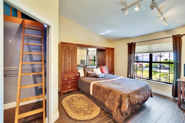 bedroom featuring multiple windows, vaulted ceiling, a textured ceiling, and wood finish floors