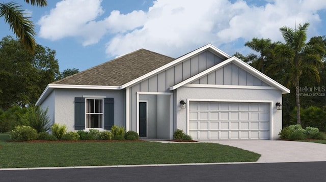 ranch-style house with a garage, a shingled roof, concrete driveway, board and batten siding, and a front yard