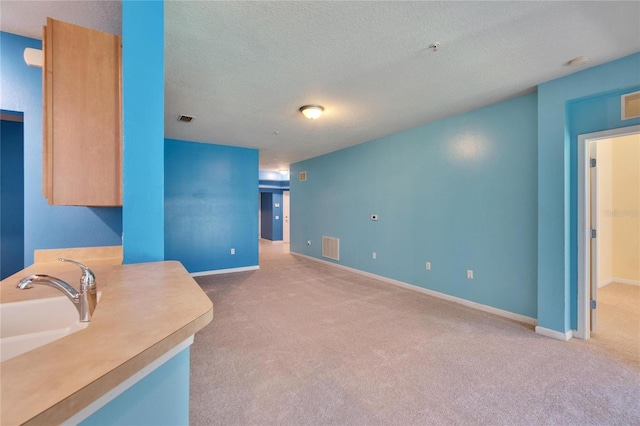 kitchen featuring a textured ceiling, visible vents, a sink, and light colored carpet