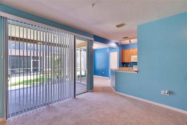 empty room featuring a textured ceiling, carpet floors, visible vents, and baseboards