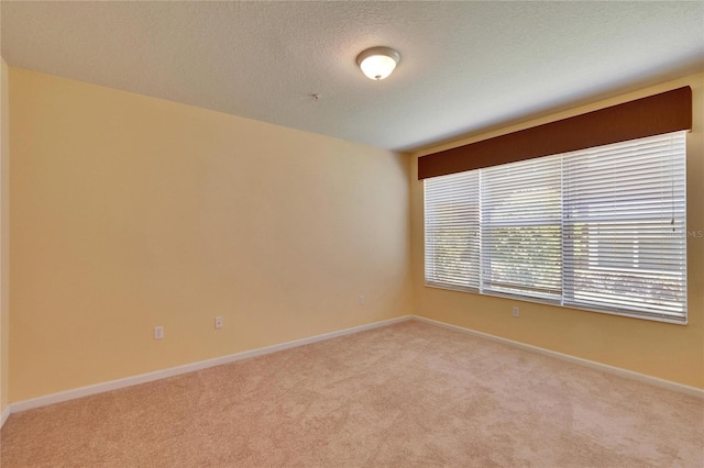 empty room with a textured ceiling, baseboards, and light colored carpet