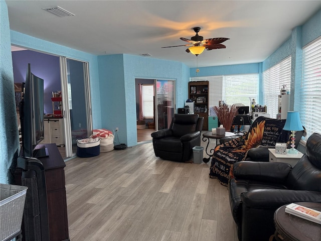2069 Overbrook Ln, Spring Hill, FL 34606 - living room featuring light wood-style floors, ceiling fan, and water heater