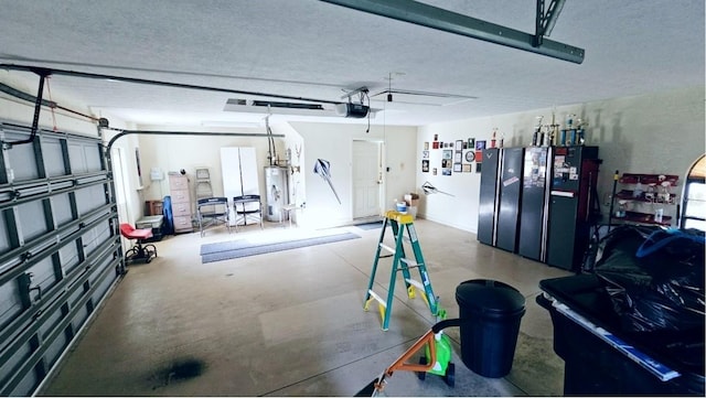 garage featuring a garage door opener and water heater