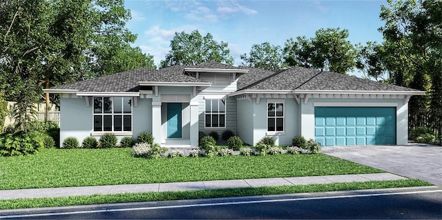 prairie-style house featuring a garage, a shingled roof, concrete driveway, stucco siding, and a front yard