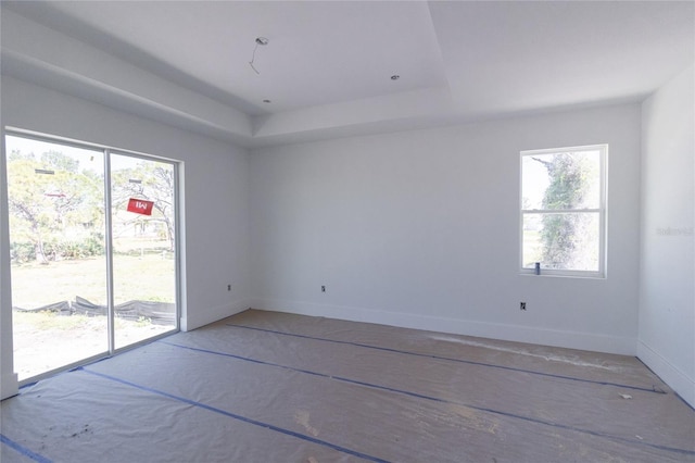 spare room featuring a tray ceiling, a wealth of natural light, and baseboards