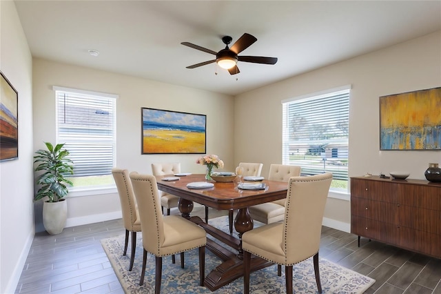 dining room featuring wood finish floors, plenty of natural light, a ceiling fan, and baseboards