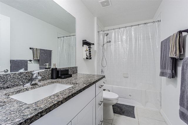 full bath featuring visible vents, toilet, shower / tub combo with curtain, tile patterned floors, and vanity