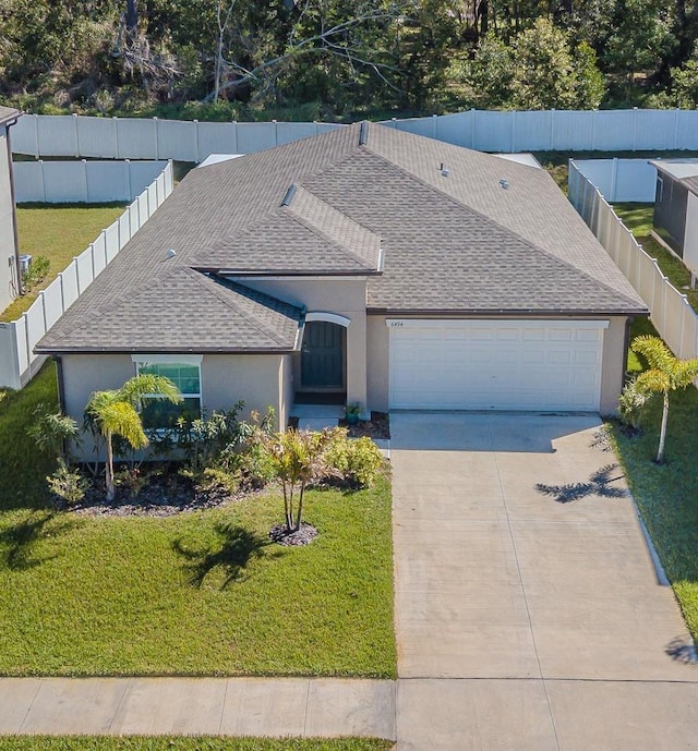 6494 Beverly Hills Dr, Zephyrhills, FL 33541 - ranch-style home with a garage, driveway, a shingled roof, and stucco siding
