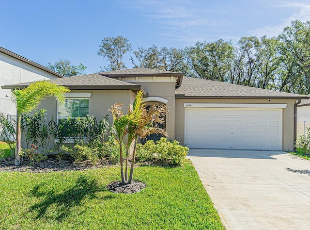 6494 Beverly Hills Dr, Zephyrhills, FL 33541 - ranch-style home featuring driveway, an attached garage, a front yard, stucco siding, and roof with shingles