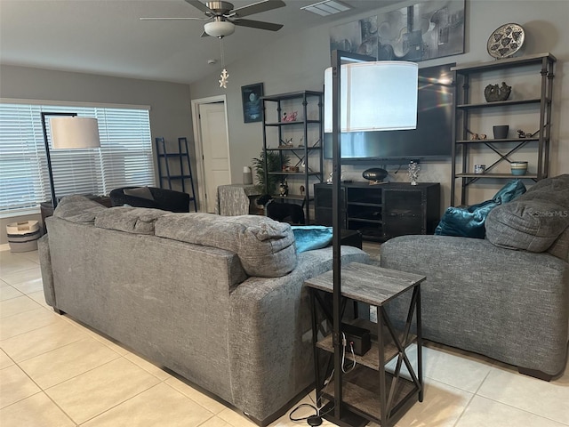 6494 Beverly Hills Dr, Zephyrhills, FL 33541 - tiled living area with lofted ceiling, a ceiling fan, and visible vents