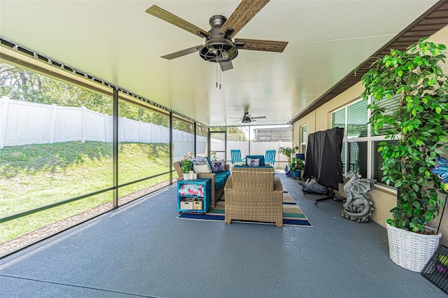 6494 Beverly Hills Dr, Zephyrhills, FL 33541 - sunroom with outdoor lounge area and ceiling fan