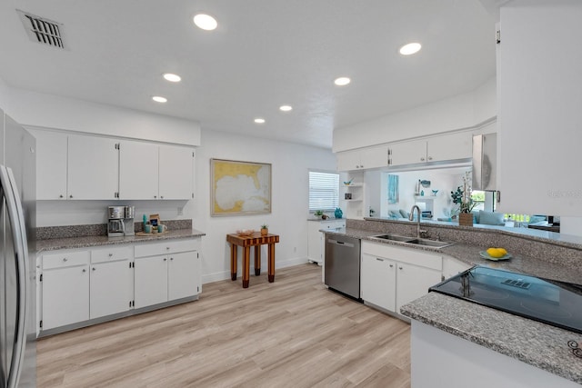 kitchen featuring stainless steel appliances, a sink, visible vents, white cabinetry, and light wood finished floors