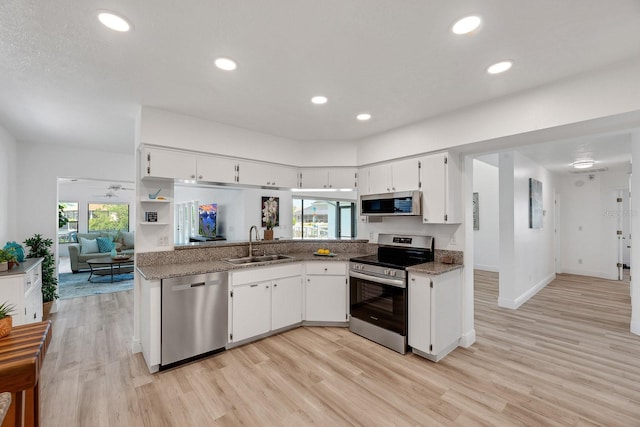 kitchen featuring white cabinets, light wood finished floors, stainless steel appliances, and a sink