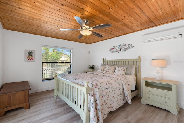 bedroom featuring wood ceiling, a wall mounted air conditioner, baseboards, and wood finished floors