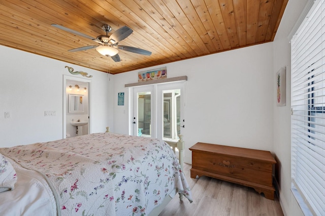 bedroom featuring light wood finished floors, wood ceiling, ceiling fan, ornamental molding, and french doors