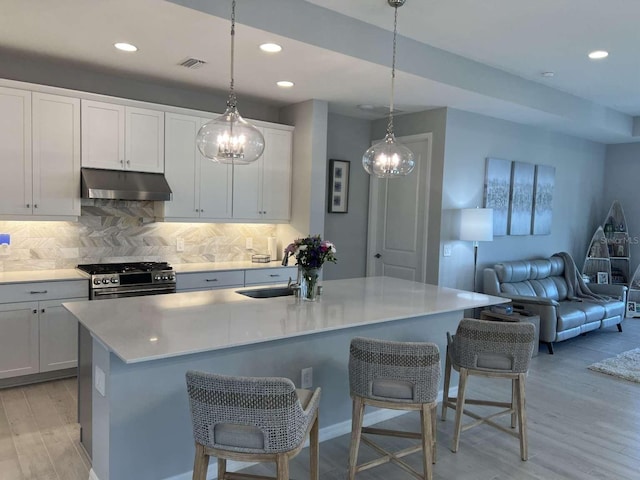 kitchen featuring under cabinet range hood, tasteful backsplash, stainless steel gas range oven, and light wood-style flooring