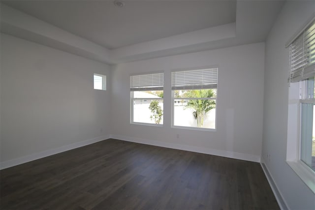 unfurnished room featuring dark wood-style floors, a raised ceiling, and baseboards