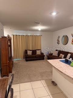 living area featuring tile patterned flooring and carpet flooring