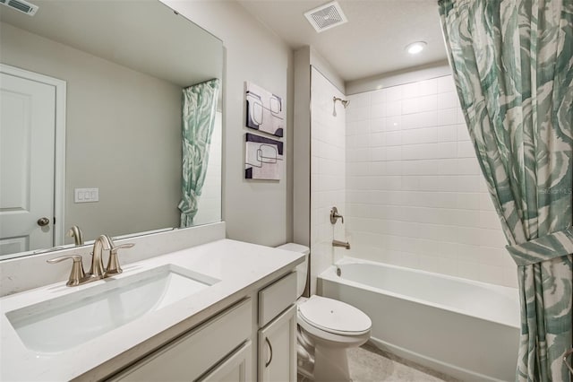 bathroom featuring toilet, shower / bathtub combination with curtain, visible vents, and vanity