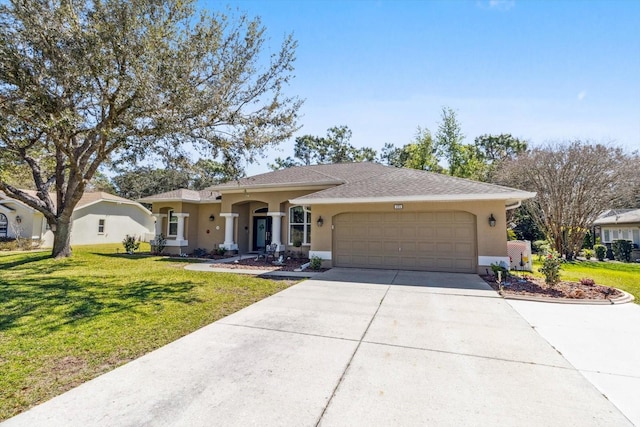 ranch-style house featuring an attached garage, concrete driveway, a front yard, and stucco siding