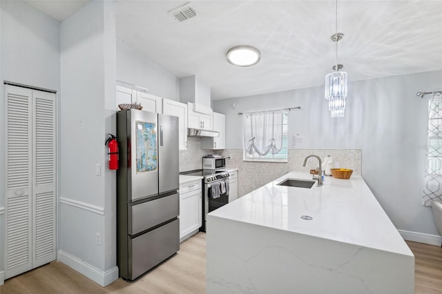 kitchen featuring white cabinetry, a peninsula, appliances with stainless steel finishes, and a sink