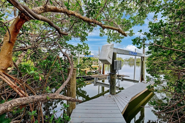 dock area with boat lift and a water view