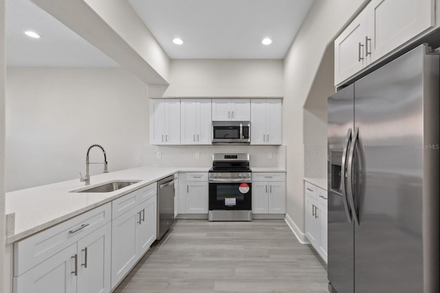 kitchen with light wood-style flooring, stainless steel appliances, a sink, white cabinetry, and tasteful backsplash