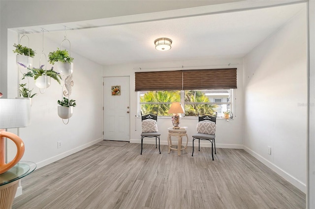 living area with light wood-type flooring and baseboards