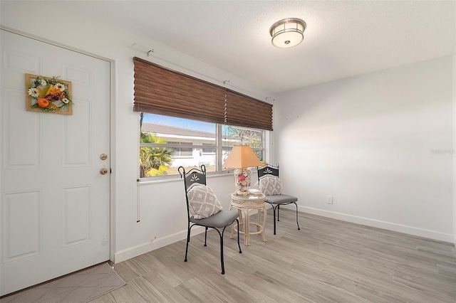 living area featuring light wood-style floors, a textured ceiling, and baseboards