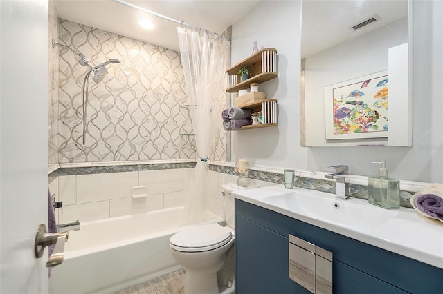 bathroom featuring visible vents, toilet, shower / tub combo with curtain, vanity, and tile walls