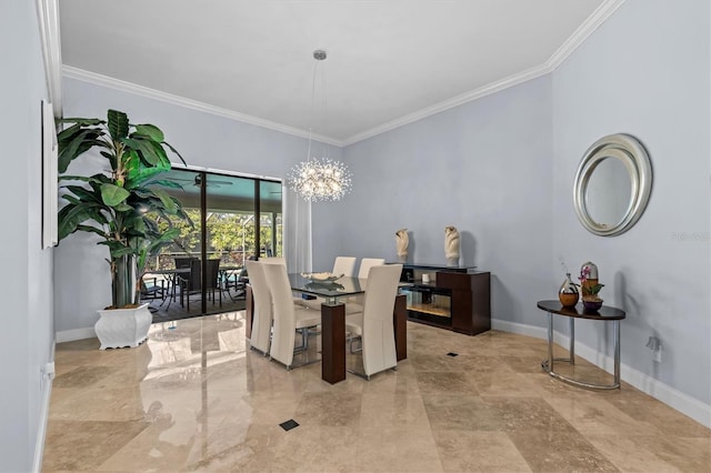 dining area with crown molding, an inviting chandelier, and baseboards