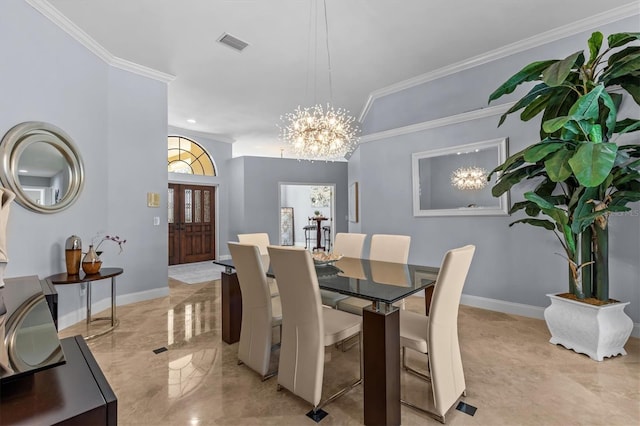 dining area featuring marble finish floor, baseboards, visible vents, and crown molding