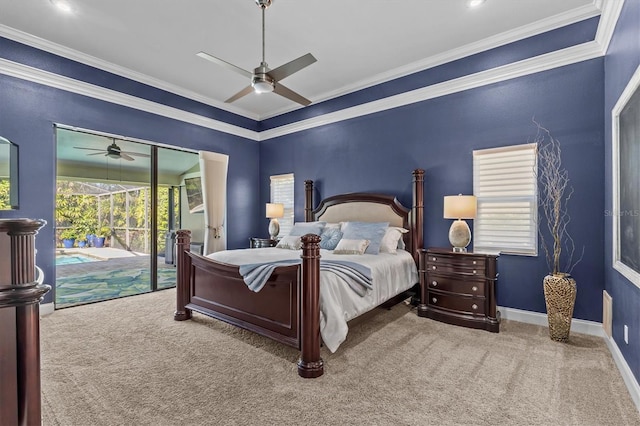 bedroom with access to outside, carpet flooring, crown molding, and baseboards