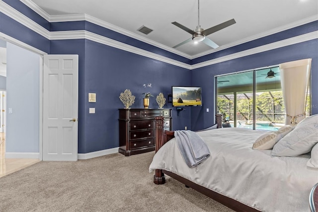 bedroom with carpet floors, ornamental molding, visible vents, and access to exterior