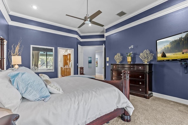 bedroom with visible vents, baseboards, ceiling fan, carpet, and crown molding