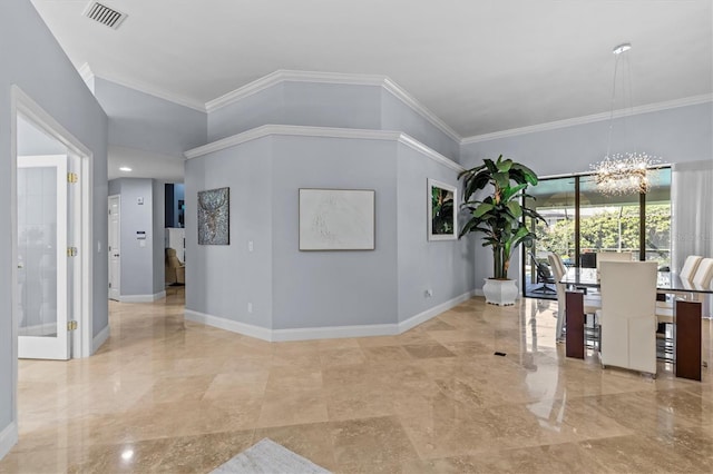 entrance foyer with crown molding, marble finish floor, visible vents, and baseboards