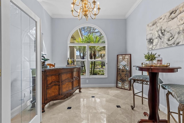 interior space featuring baseboards, marble finish floor, a notable chandelier, and crown molding