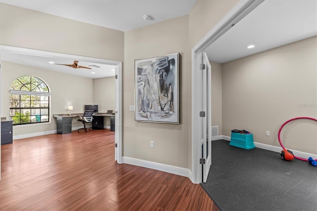 interior space featuring recessed lighting, wood finished floors, visible vents, and baseboards