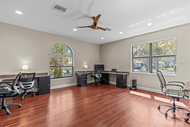 office area featuring baseboards, visible vents, wood finished floors, and recessed lighting