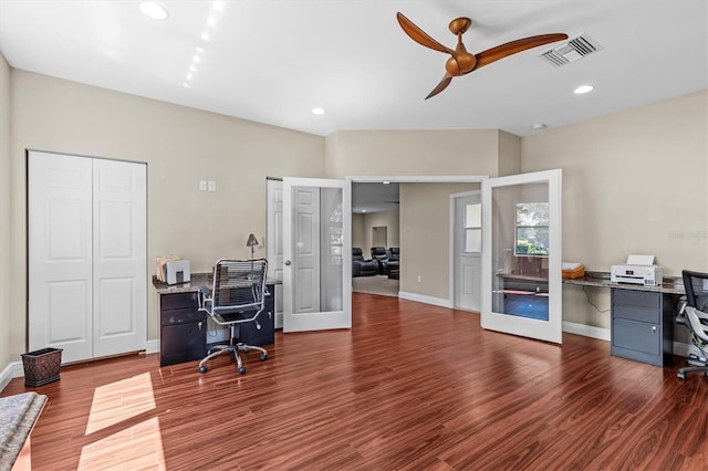 home office with visible vents, a ceiling fan, dark wood-style floors, french doors, and recessed lighting