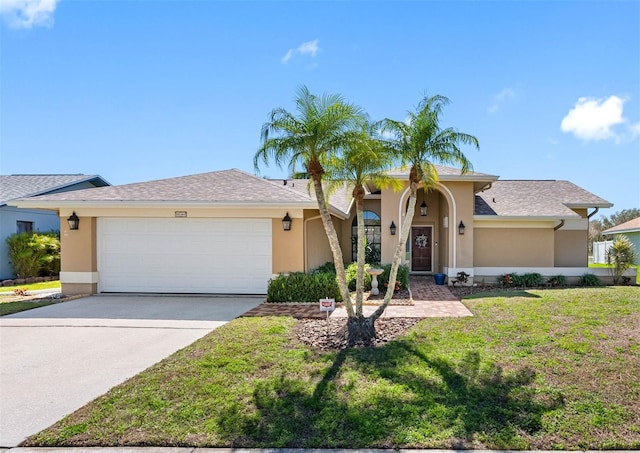 single story home with stucco siding, driveway, a front yard, and an attached garage