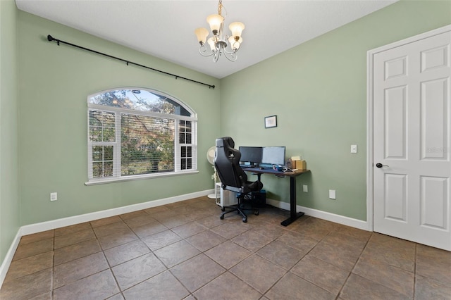 tiled office with baseboards and an inviting chandelier