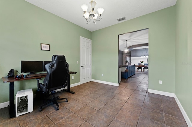 tiled office featuring visible vents, baseboards, heating unit, and a chandelier