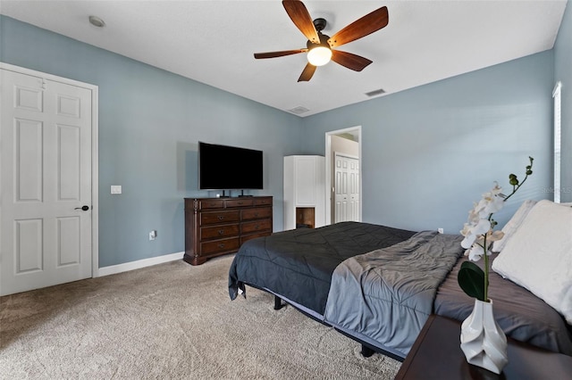 bedroom with visible vents, ceiling fan, baseboards, and carpet