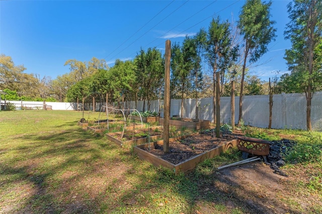 view of yard with a fenced backyard and a vegetable garden