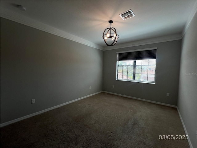 unfurnished room featuring visible vents, baseboards, carpet, crown molding, and a chandelier