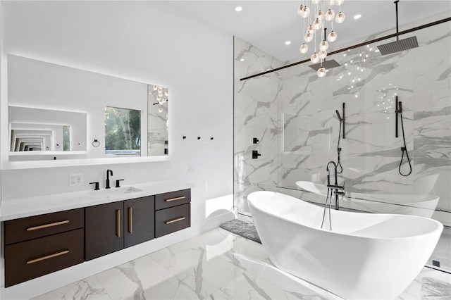 full bathroom with a marble finish shower, marble finish floor, vanity, and stone wall