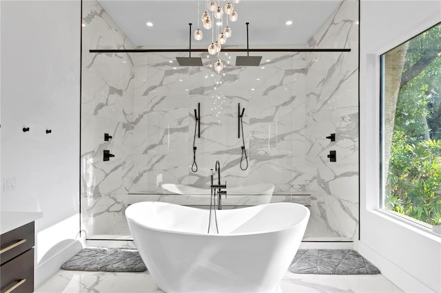 full bath with stone wall, marble finish floor, and a marble finish shower