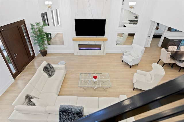 living area with a glass covered fireplace and wood finished floors